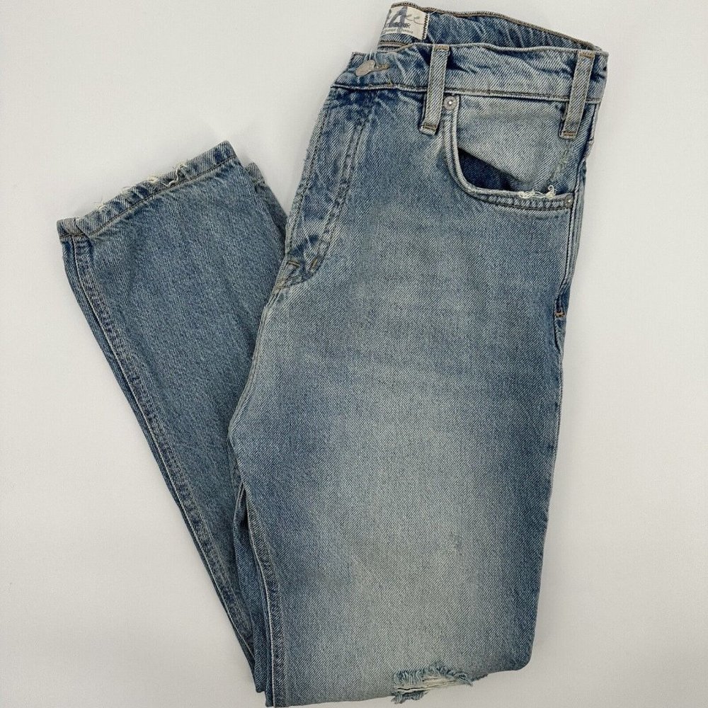 Free People Blue Denim Distressed‎ Ripped Boyfriend Straight Jeans Size 24